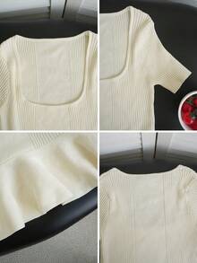 New Spring/Summer Korean Style Women Slim Fit Ruffle Trim Knit Top - Apricot - View 8