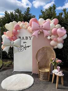 Pink & Beige Bow Heart Shaped Balloons, Pink Baby Pink Cream White Latex Balloons, Giant Bow Helium Foil Balloons, 18 Inch Heart Shaped Balloons, Girl Birthday Engagement Party - Multicolor - View 3