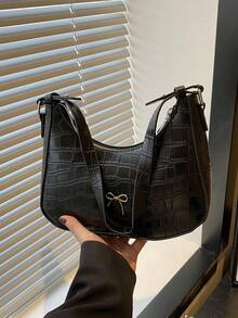 Bolso de hombro con lazo de moda, bolso de mano minimalista con textura de cocodrilo, bolso de sobaco con estilo - Negro - Ver 8