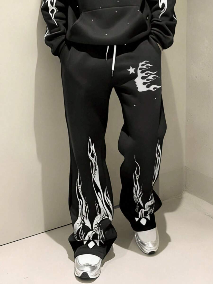 Flame Print Baggy Sweatpants Men Women High Street Streetwear Loose Casual Jogger Pants - 黑色 - 查看 1