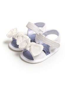 Newborn Infant Girls Summer Sandals With Flower Bow Soft Bottom Wedding Dress Flat Shoes, Toddler Crib Shoes - White - View 5