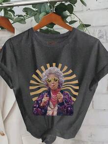 Áo thun nữ cỡ lớn kiểu dáng thường ngày, họa tiết đường kẻ rực rỡ, in hình nhân vật ngộ nghĩnh, cổ tròn, tay ngắn, phù hợp cho mùa xuân, hè, thu, cỡ lớn. - Màu xám đen - Xem 4