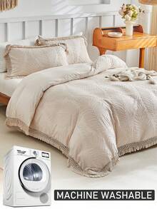 2/3件套波西米亚风叶子簇绒被套套装，带流苏，卡其色复古花卉刺绣床上用品，柔软透气，可机洗，女士礼物，家居装饰，适用于卧室、客房（1个被套+1/2个枕套，不含填充物） - 卡其色 - 查看 7