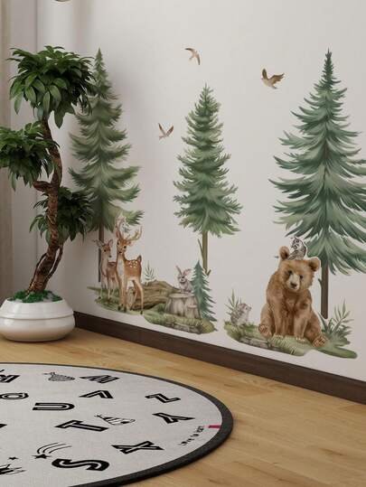 1片/2片装儿童房装饰墙贴，图案包括热气球动物、森林里的熊、鹿、斑马、狮子、大象、彩虹花等卡通形象，PVC材质，自粘可移除，适用于卧室、客厅、书房、餐厅、浴室等家居墙面装饰。