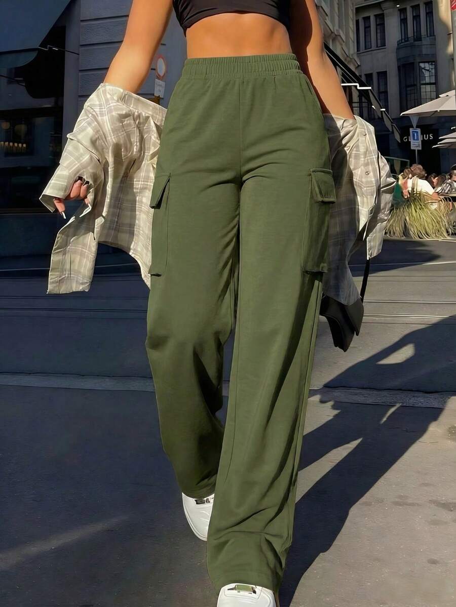 Spring Summer Y2K Street Fashionable Olive Green Straight Leg Cargo Pants, Versatile Elegant Multi-Pocket Casual Trousers For Daily, Date, Party, Valentine's Day, Carnival, Business And Vacation - Màu xanh Ô liu - Xem 1
