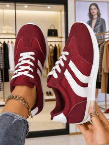 1 par de zapatillas casuales ligeras para mujer, zapatos planos cómodos de cordones para caminar - Rojo - Ver 4