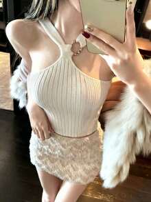 New Sexy Minimalist Style Cropped Fitted Spaghetti Strap Knit Camisole Top, Spring/Summer - Apricot - View 6