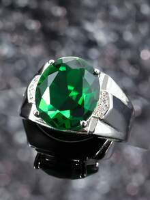 1pc S925 Silver Wide Band Men's Ring With Lab-Created Green Gemstone, Luxurious And Elegant, Ideal Wedding Band And Sophisticated Accessory, Ramadan And Eid Al-Fitr Jewelry - Silver - View 3