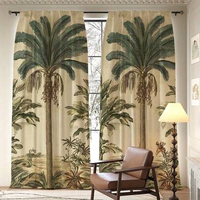 2 perdele plate imprimate în stil retro, cu model vintage tropical cu palmieri, bej, multicolore, cu bază, ilustrații botanice, material 100% poliester, buzunar pentru tijă, fără căptușeală, 90 g/m², lățime 180 cm, perfecte pentru living, dormitor, decor interior cu tematică de coastă etc.