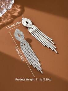 1 par de pendientes largos con flecos plateados y llenos de brillantes rhinestones para uso diario de las mujeres - 1467 - Ver 6