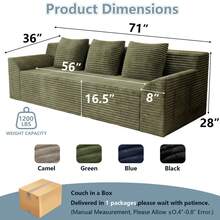 71" Love Seat Couches, Corduroy Boneless Loveseat With Deep Seats, 2 Seat Couch Apartment Size Couch With 3 Pillows&Side Pockets For Bedroom, Office, No Assembly Required - 綠斜扶手 - 查看 3