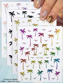 2/4 Sheets Summer Palm Tree Nail Art Stickers Holographic Tropical Vacation Nail Decals For DIY Nails - Multicolor - View 13