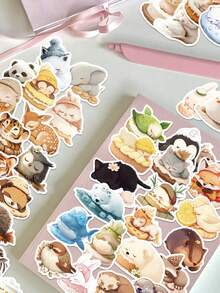 50pcs Sleeping Animals Stickers Chic Cozy Aesthetic For Journal, Phone Case, Tablet, Water Bottle, Desk, Luggage, Waterproof Decals - متعدد الألوان - مشاهدة 4