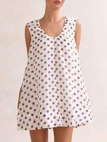 Women's U Neck Ruched Sleeveless Polka Dot Babydoll Tank Mini Dress Cocktail Party Flowy Summer Short Dress - White - View 2
