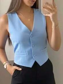 Women's Slim Fit Tailored Vest With Pocket, Luxury Casual Office Style - Màu xanh nhạt - Xem 2