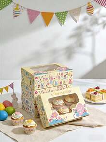 5pcs/10pcs Easter High-Quality Cake Boxes Set With Handle & Window, Rabbit & Egg Print Thick Cardboard Bakery, Cake, Chocolate, Cookie, Party, Birthday, Easter Festival Packaging Boxes, Cupcake Boxes - View 5