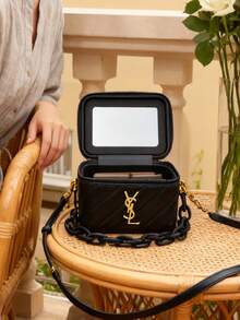 Yves Saint Laurent YSL Women's Black Square Shoulder Bag With Gold Logo, Suitable For Casual Daily Use, Great As A Christmas Gift - Black and Gold - View 5