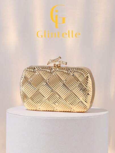 Glintelle Metal Woven Texture Gold Evening Clutch Bag, 3D Textured Hard Shell Purse, Fashionable Tree Branch Lock Closure, Party Handbag, Valentine's Day Gift, Comes With Metal Chain Strap For Crossbody Or Shoulder Wear, Suitable For Party, Formal Event, Wedding, Prom, Celebration, Bride, Bridesmaid, Formal Attire
