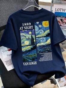 青少年艺术印花图案休闲宽松简约短袖T恤，百搭圆领套头衫，适合夏季休闲穿着，也可作为礼物送给家人。 - 藏蓝色 - 查看 1