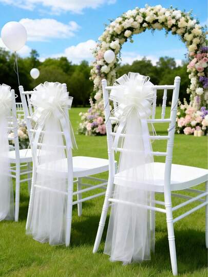 1pc/5pcs White Satin Ribbon Bow Chair Decoration, Birthday Party Decor, Wedding Party Decor, Valentine's Day Decor, Bridal Shower, Baby Shower, Holiday Home Decor, Wedding Aisle Chair Decor, Anniversary Indoor/Outdoor Decor, Wedding Reception Decor, Home Decor, Wedding Supplies, Wedding Decorations, Wedding Party Chiffon Chair Sash Bow, Wedding Party Favors