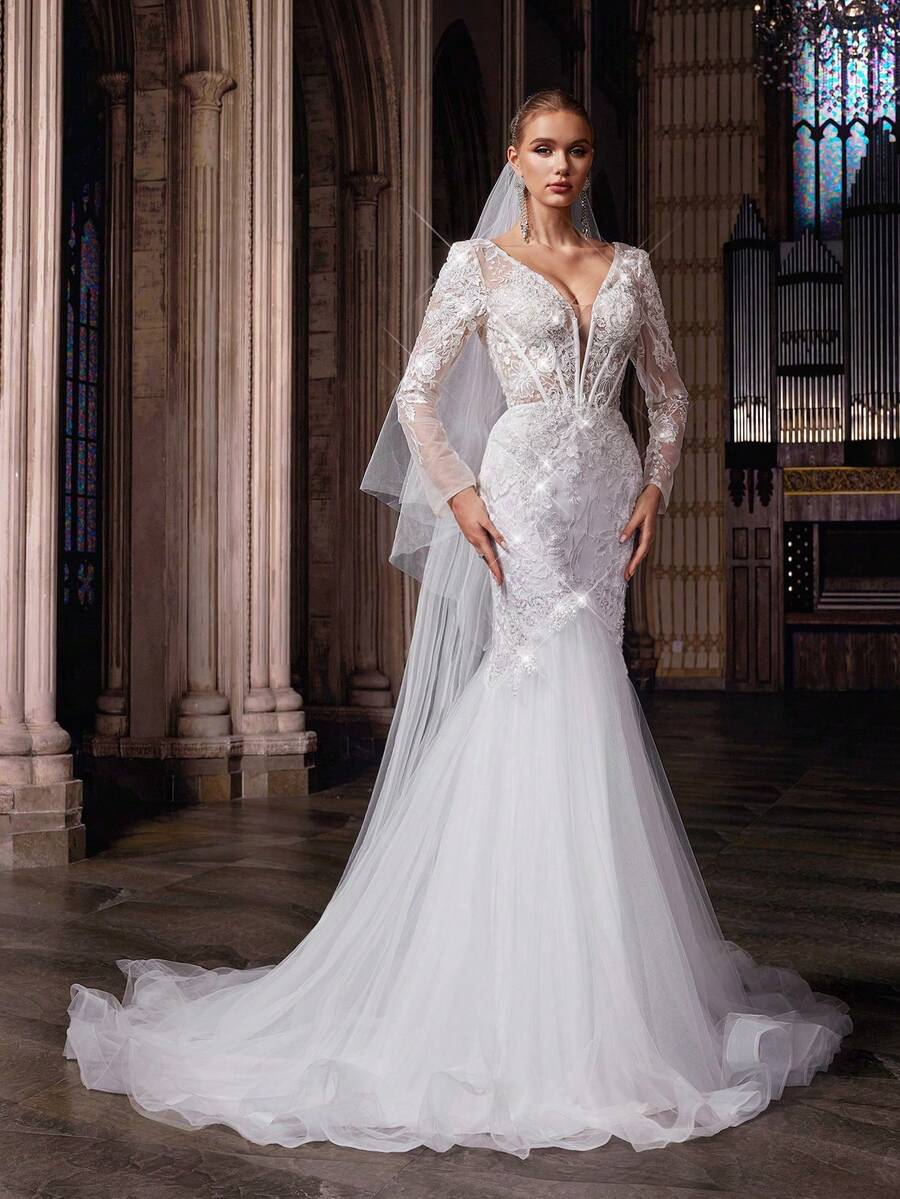 QOQ 优雅浪漫白色网纱深V领蕾丝长袖新娘婚纱礼服 - 白色 - 查看 1