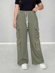 Pantalones cargo holgados para mujer, de poliéster, elásticos, con cordón en la cintura y pierna ancha, para uso informal y de fiesta. - verde militar - Ver 1