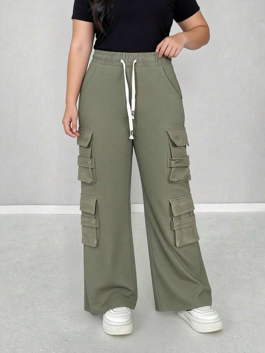 Pantalones cargo holgados para mujer, de poliéster, elásticos, con cordón en la cintura y pierna ancha, para uso informal y de fiesta. - verde militar - Ver 1