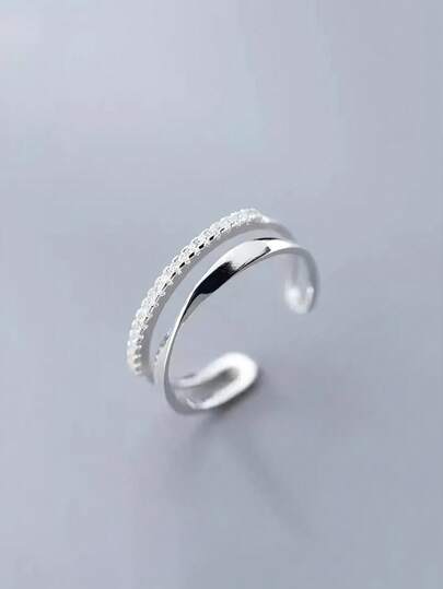 1 pieza Anillo abierto minimalista de doble capa de plata de ley 925, anillo hueco delicado de mujer con circonita cúbica
