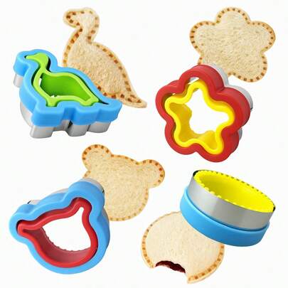 4pcs Sandwich Cutter, Cookie Cutter, Fruit & Vegetable Cutter Shapes, Bento Box Food Picks, Sandwich Crimper, Creative Dinosaur, Flower, Bear Shaped Molds, Suitable For Bento Box, Holiday Baking, Home Kitchen, Birthday Party, Breakfast, Picnic, Camping, Baking Mold, Back To School, Kitchen Tools, DIY Breakfast Baking Mold