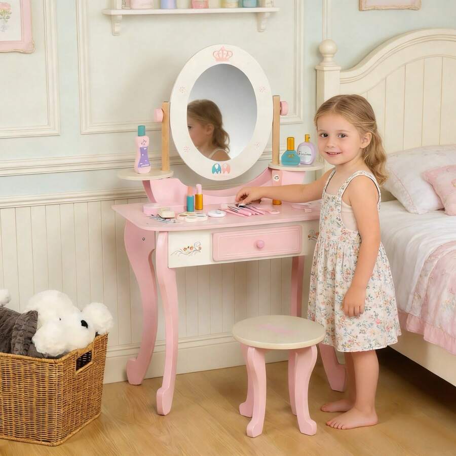 TOCADOR INFANTIL DE MADERA ROSADO CON ESPEJO |Juego de Maquillaje para Niñas +3 Años|Incluye 12 Accesorios y Taburete - Rosa - Ver 1