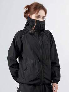 女士夏季轻便可折叠印花防紫外线连帽夹克，尼龙透气凉爽贴身外套，带拉链口袋，适合户外运动和沙滩穿着，是徒步旅行、骑行、露营、旅行和遮阳的理想之选，黑色春季款 - 黑色 - 查看 5