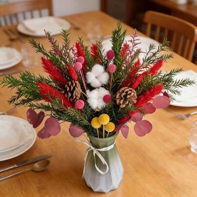 45pcs Pampas Grass Bouquet, Combination Of Small Cattail, Cotton, Layered Pine Cones, Home Decor Ornament For Living Room, Bedroom, Dining Table, Entryway, Christmas Decoration, Christmas Bouquet, Holiday Gift, Valentine's Day, Christmas, Birthday Anniversary Gift