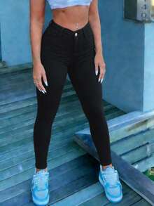 Women's Mid Waist Medium Stretch Skinny Jeans, Elastic Slim Fit For Casual Wear - Black - View 5