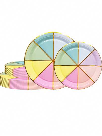 24/12Pcs Pastel Color Block Gold Foil Disposable Paper Plates 7/9 Inch, Rainbow Geometric Themed Party Plates Serves 6-12 Guests For Birthday Bridal Shower Baby Shower Decor
