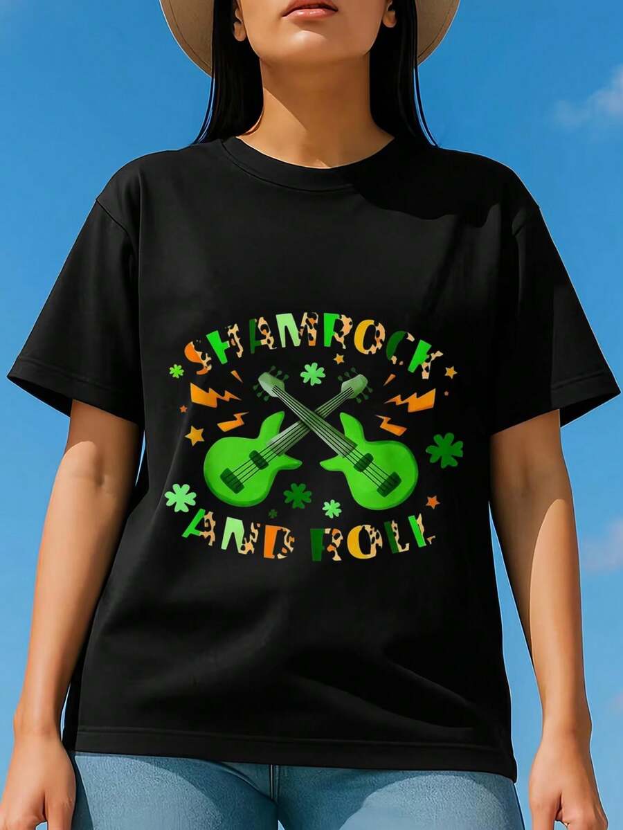 Women's Round Neck Pure Cotton Short Sleeve T Shirt Green Shamrock Bicycle Guitar Music Notes Irish Casual Tops Women St Patrick's Day Party - Black - View 1