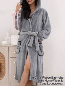 Women's Hooded Bathrobe, Solid Color Coral Fleece Long Robe With Pockets & Belt, Cozy Plush Absorbent Winter Dressing Gown Loungewear, Perfect For Daily Home Wear, Wedding Anniversary Bridal Shower Bachelorette Party, Home Bathroom Hotel Pool Spa Sauna - Gray Appliquéd Bathrobe - View 3