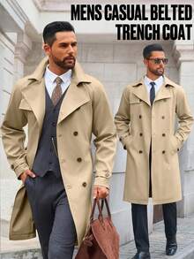 Runcati Men's Trench Coat Double Breasted Notched Lapel Casual Belted Windbreaker Fall Classic Long Jacket Overcoat - Màu Khaki - Xem 5