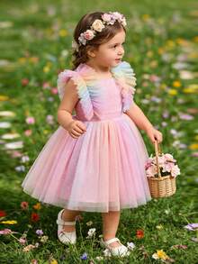 Infant Girls Elegant Cute Star Ruffle Mesh Princess Dress, Formal Gown For Birthday Party, Flower Girl, Vacation - Pink - View 7