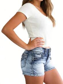 Women's High Waist American Flag Denim Shorts With Flap Pocket, Distressed Denim Shorts With Stretch Slim Casual Shorts - 藍色 - 查看 3