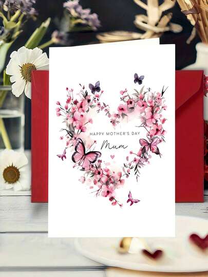 1pc Watercolor Butterflies Mother's Day Card With Envelope - "Happy Mother's Day Mum" With Floral Wreath Design, Elegant Greeting Card, Blank Inside