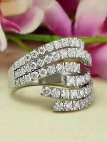 1枚奢华优雅多层设计戒指，镶嵌闪亮锆石，可调节，周年纪念及订婚首饰，婚礼订婚派对节日首饰配饰（无包装盒） - 銀色 - 查看 5