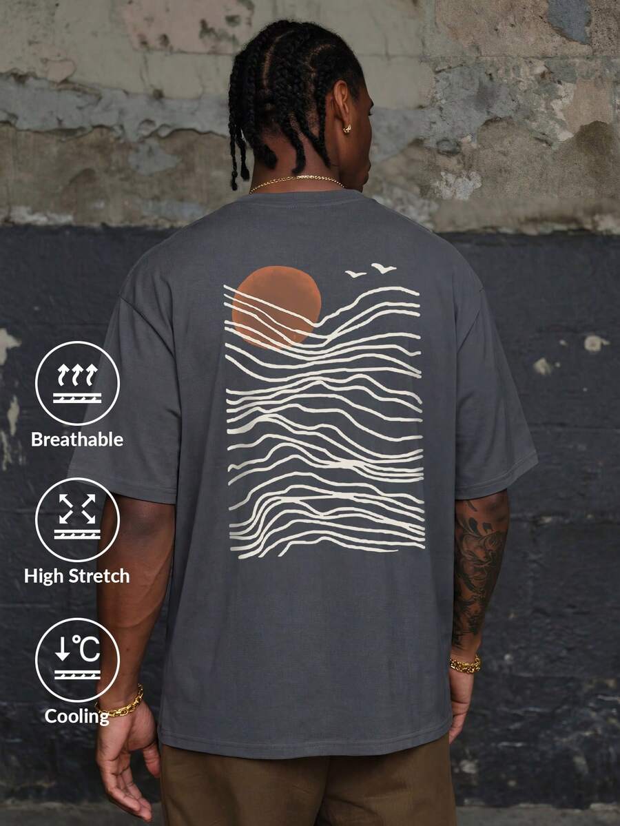 Camvyn Men's Summer Casual Fashion Everyday Commute Print Drop Shoulder Loose Cotton-Style Short-Sleeve T-Shirt - Grey - View 1