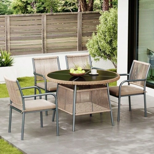 Modern Rattan Garden Furniture Set, Round Glass Table + 4 Armchairs, Iron Frame, Suitable For Terrace/Balcony/Deck - Khaki - View 1