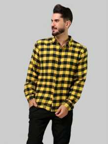 Men's Flannel Plaid Shirt, Long Sleeve Blouse - 黃色 - 查看 1