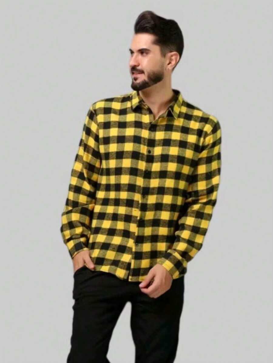 Men's Flannel Plaid Shirt, Long Sleeve Blouse - 黃色 - 查看 1