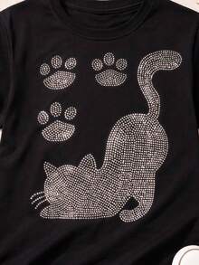 Women's T-Shirt With Kitten Print And Shiny Rhinestones - Black - View 6