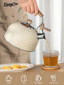 Dengcoo 1个2升不锈钢鸣笛水壶，大容量木柄奶茶壶，适用于电磁炉、电炉和燃气灶，快速加热和沸腾，自动鸣笛，家用厨房 - 查看 4