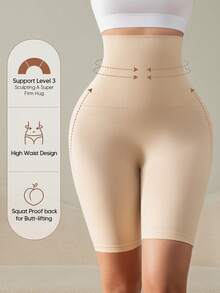 1 pieza Pantalones cortos moldeadores de cintura alta para mujer, de longitud media, adecuados para usar en capas - Beis - Ver 2