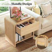 Modern Nightstand Set Of 2 With Storage Drawer And Open Shelves, 24" Round Bedside Table With Curved Top Corners, End Table For Bedroom And Living Room - Natural Oak - View 4