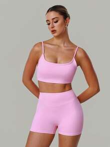 2 PCS CO Ord Set Women's Classic Spaghetti Strap Backless Sports Bra And High Waist Deep V Butt Lift Line Running Fitness Cycling Short Pink - 粉色 - 查看 5